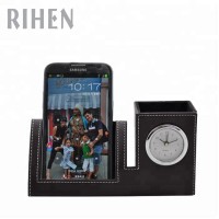 PU Leather Desk Pen Holder With Clock and phone holder