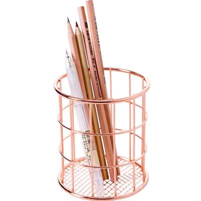 Rose Gold Metal Wire Mesh Desk Stationery Supplies Organizer Makeup Brush Cups Container Pen Pencil Holder for Office Home