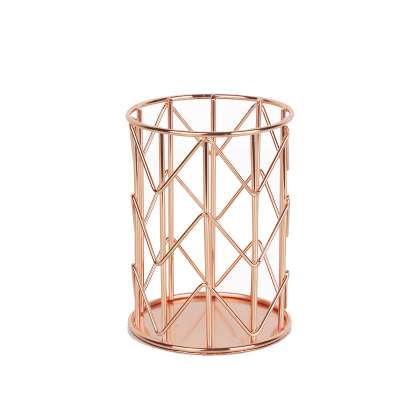 Rose Gold Metal Oval Shape Desk Stationery Organizer Wired Mesh Design Pen Pencil Cup Holder for Office Home School